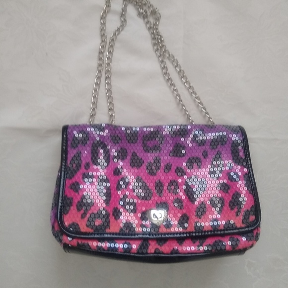 Betsey Johnson sequins bag chain strap Leopard Pink Black
